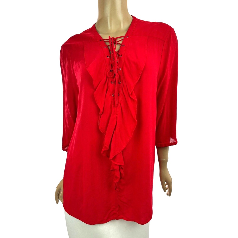 Ana Bright Red XL Blouse Ruffles Lace-Up & Tie at Neck 3/4 Sleeve Rayon Pullover